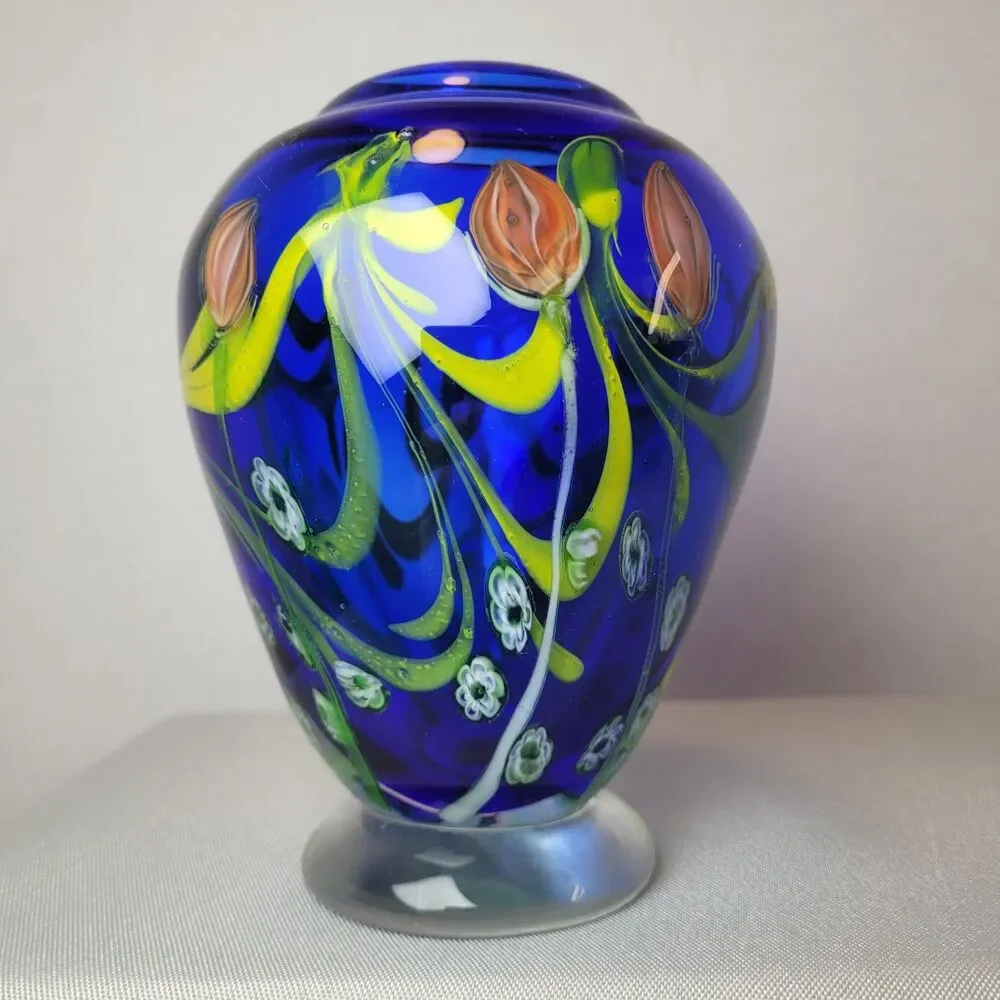 Kusak Art Glass Paperweight Pedestal Vase Cobalt Blue with Cased Flowers 5.5”